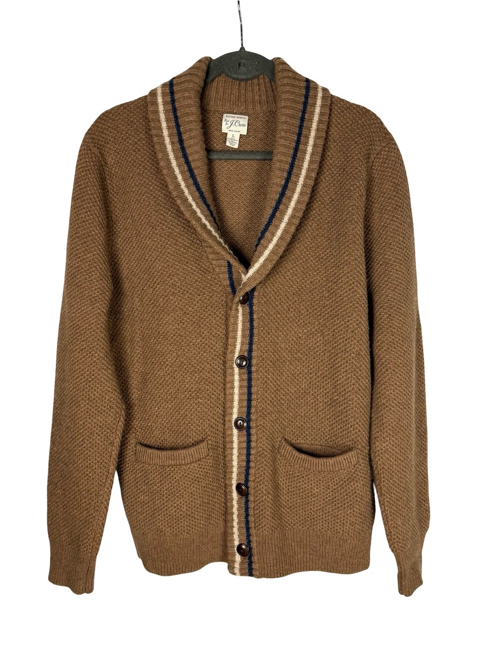 J. Crew Textured Men’s Rugged Merino Wool Shawl Cardigan Sweater Tan L